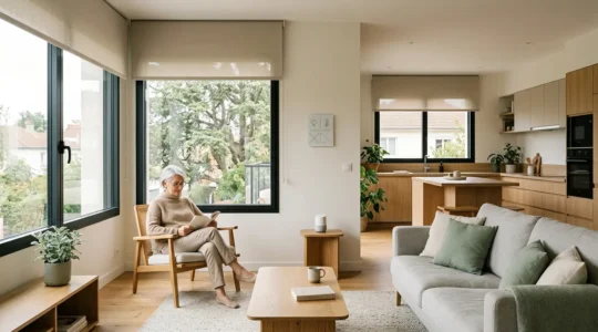 Intérieur moderne et lumineux d'un logement senior avec équipements domotiques discrets intégrés dans un environnement chaleureux
