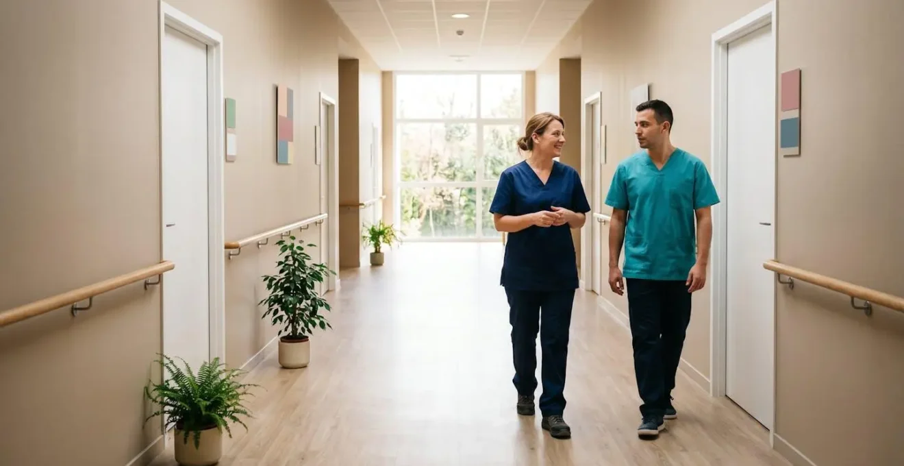 Couloir lumineux d'un EHPAD moderne avec personnel soignant en interaction naturelle, illustrant l'ambiance et la qualité de vie