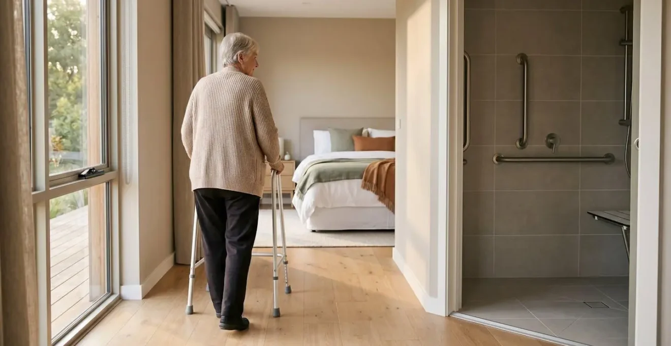 Intérieur d'un hébergement adapté aux personnes à mobilité réduite avec espaces de circulation larges