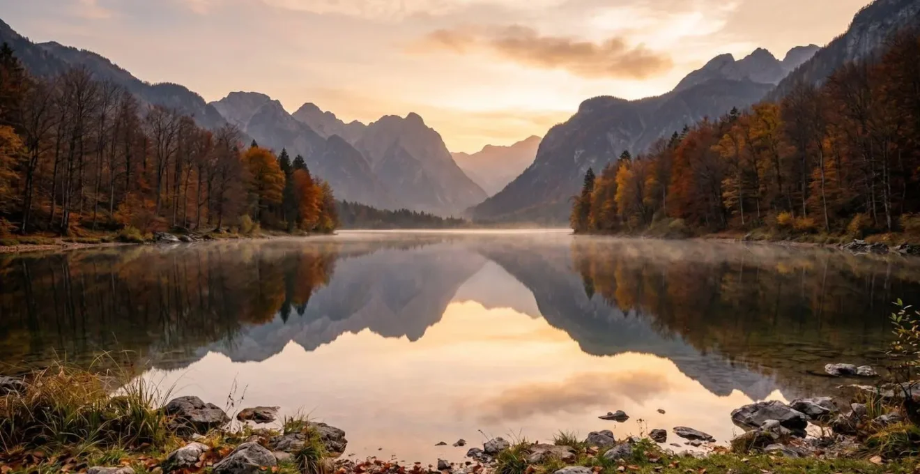 Lac de montagne en automne avec lumière dorée et reflets sur l'eau