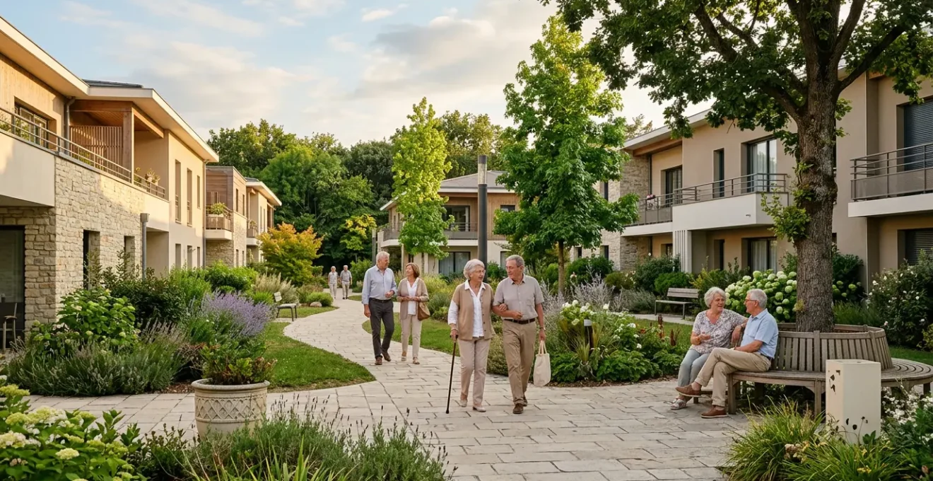 Environnement paisible adapte aux seniors avec architecture moderne et espaces collectifs conviviaux en France