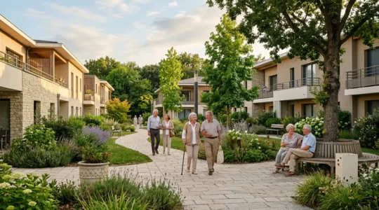 Environnement paisible adapte aux seniors avec architecture moderne et espaces collectifs conviviaux en France