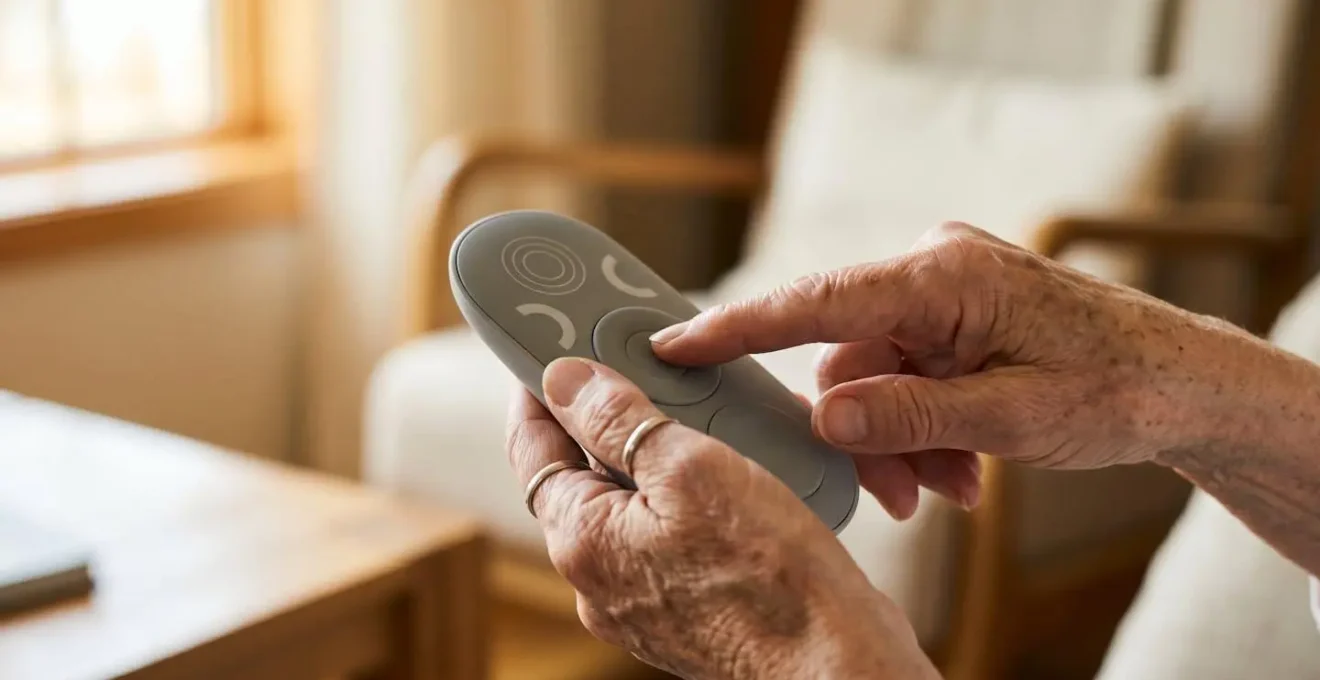 Gros plan sur les mains d'une personne senior interagissant avec un dispositif de commande domotique à interface simplifiée dans un environnement domestique chaleureux