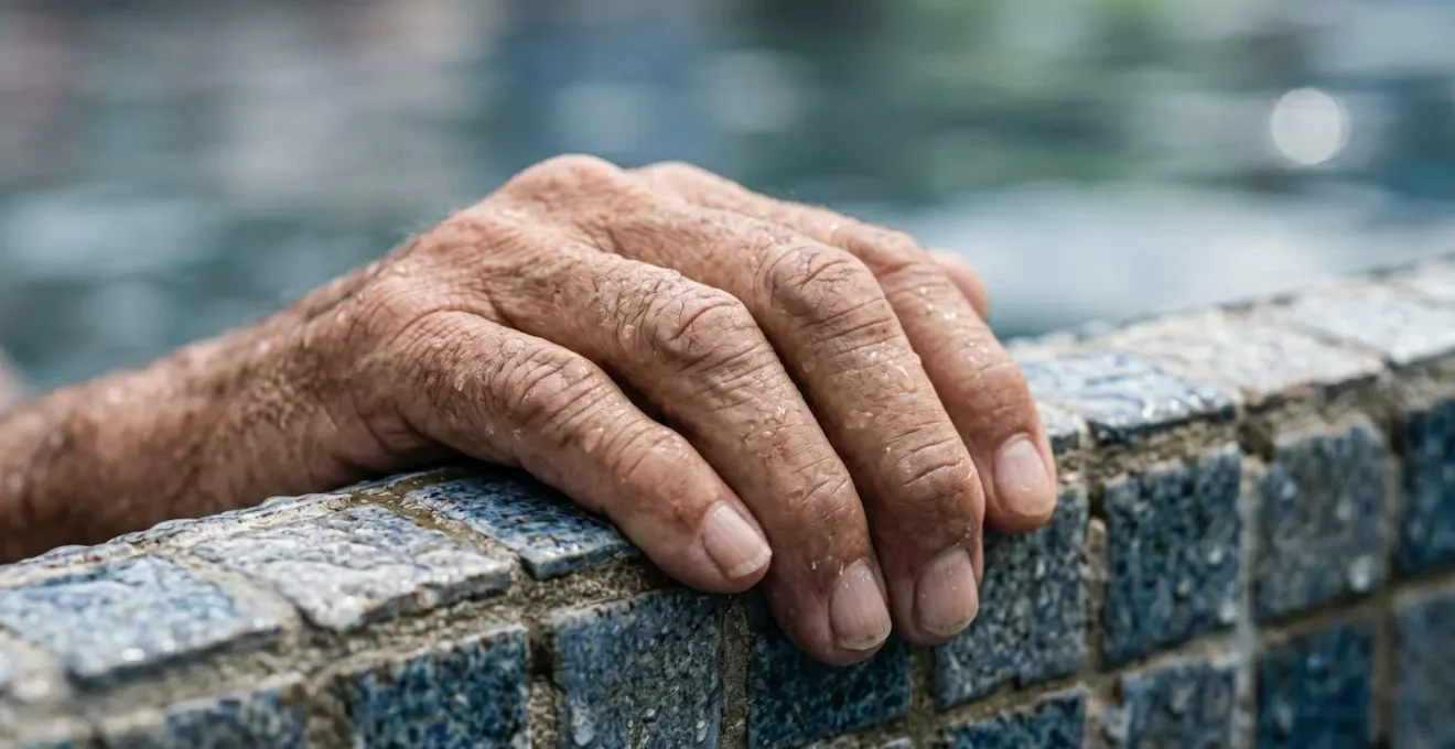 Gros plan sur les mains d'un senior s'agrippant au rebord d'une piscine avec des détails de texture de peau et gouttelettes d'eau