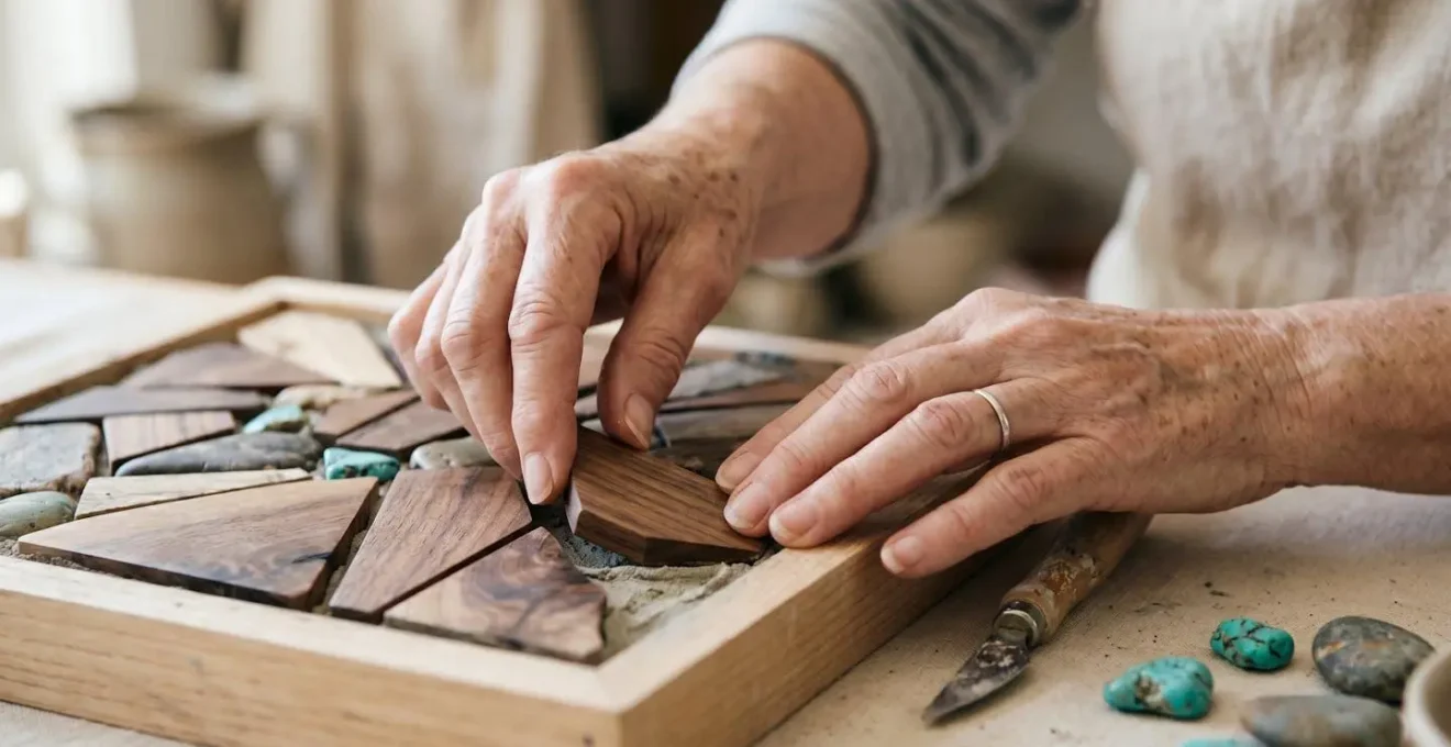 Gros plan sur les mains d'une personne âgée manipulant des matériaux de qualité pour une activité créative valorisante