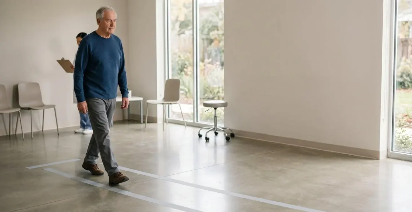 Senior réalisant un test de marche chronométré dans un environnement intérieur sécurisé