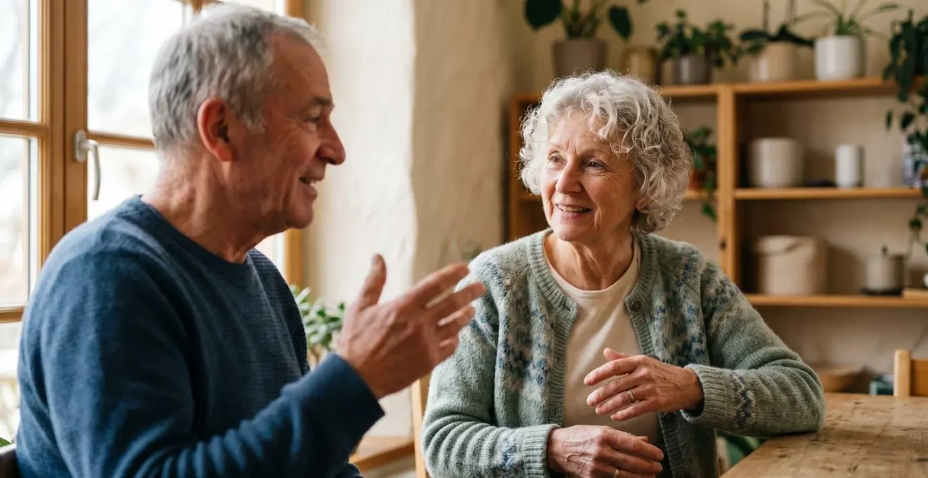 Rencontre spontanée et chaleureuse entre seniors dans un espace commun d'un habitat groupé