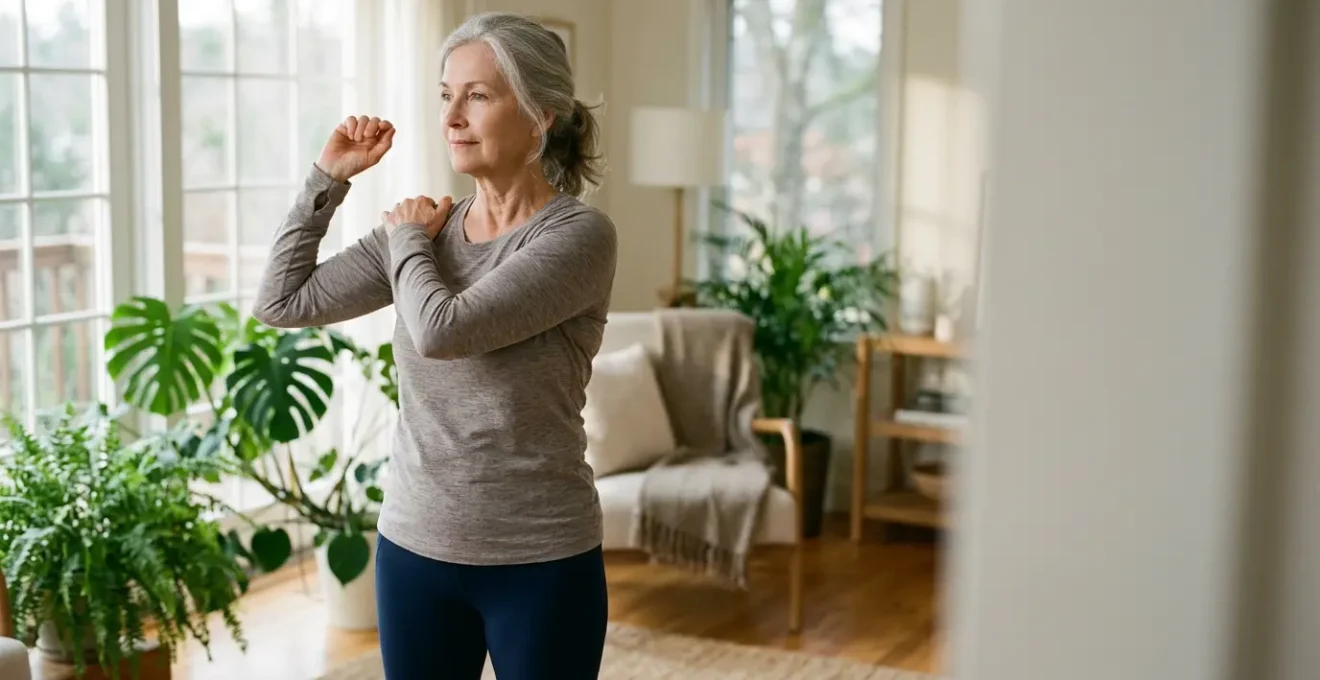 Senior pratiquant des exercices de mobilité articulaire dans un environnement lumineux et naturel