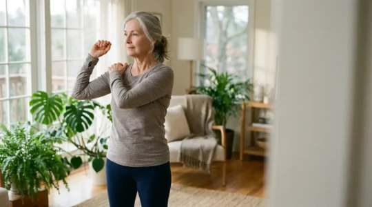 Senior pratiquant des exercices de mobilité articulaire dans un environnement lumineux et naturel