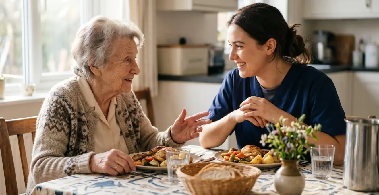 Scène chaleureuse d'un repas partagé entre un senior et son auxiliaire de vie à domicile