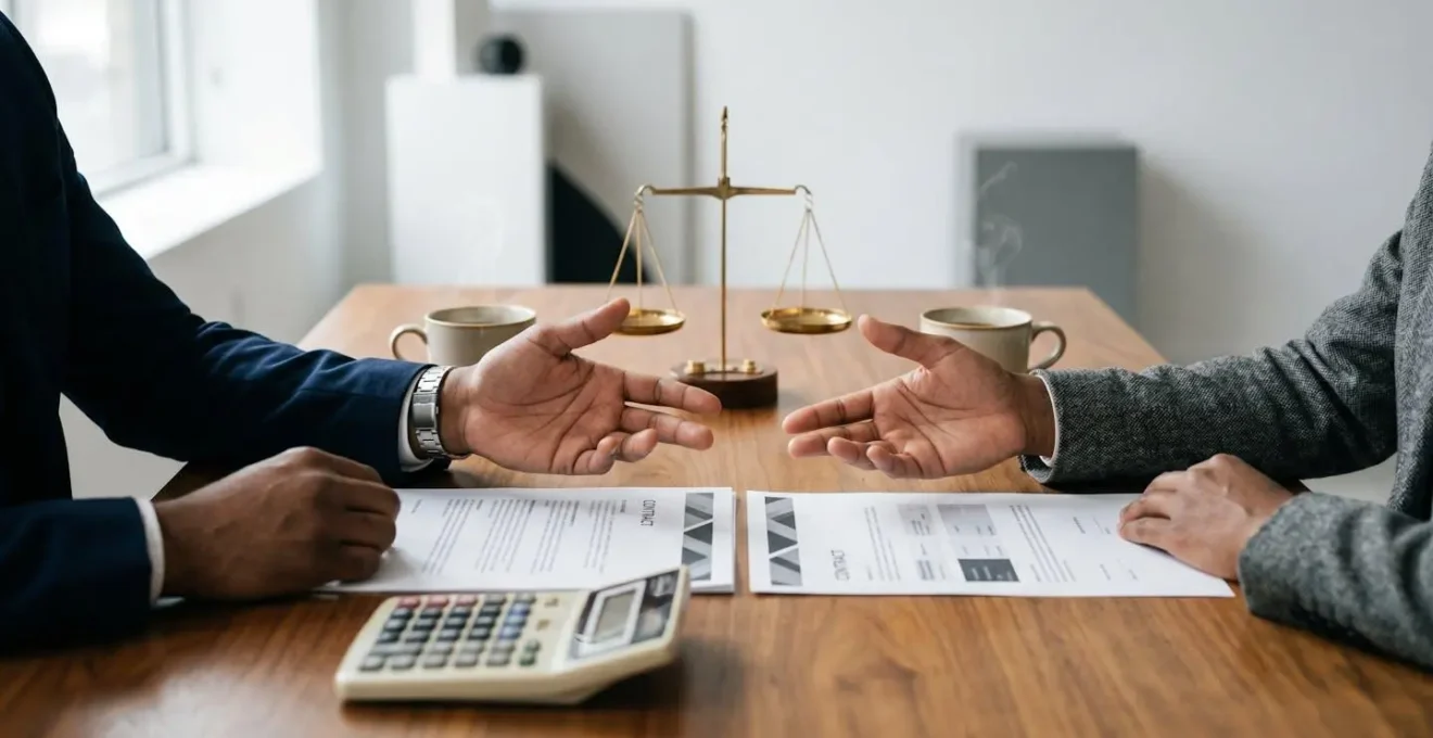 Négociation de contrat mutuelle avec documents et calculatrice symbolisant les économies possibles