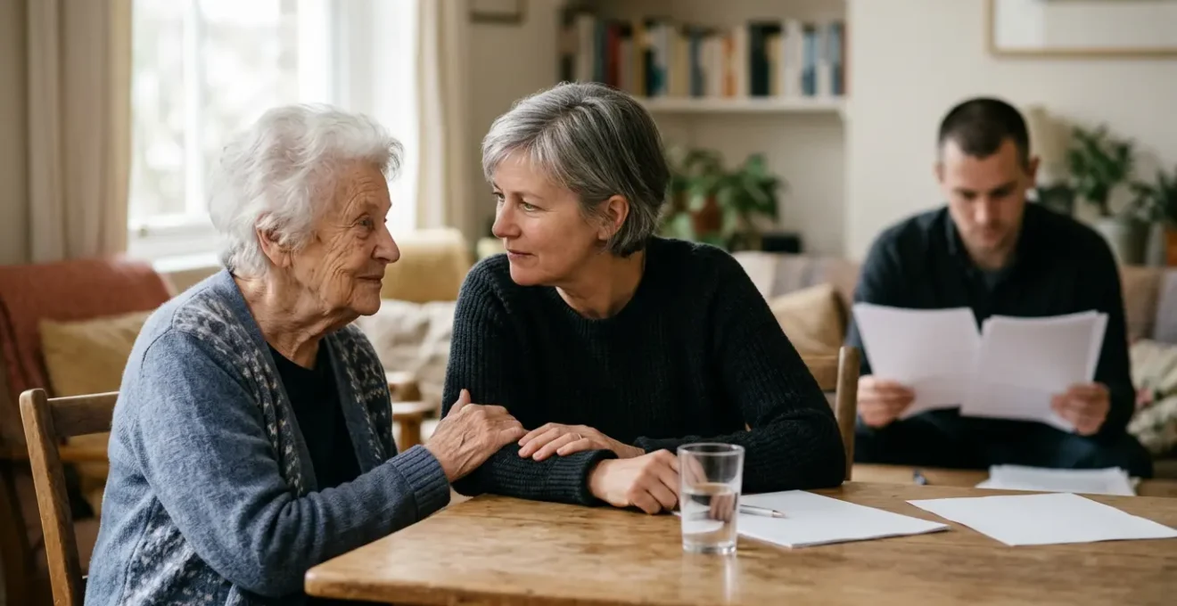 Une famille et une personne âgée en discussion autour d'une table, symbolisant le choix d'un EHPAD de qualité en France