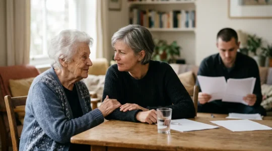 Une famille et une personne âgée en discussion autour d'une table, symbolisant le choix d'un EHPAD de qualité en France
