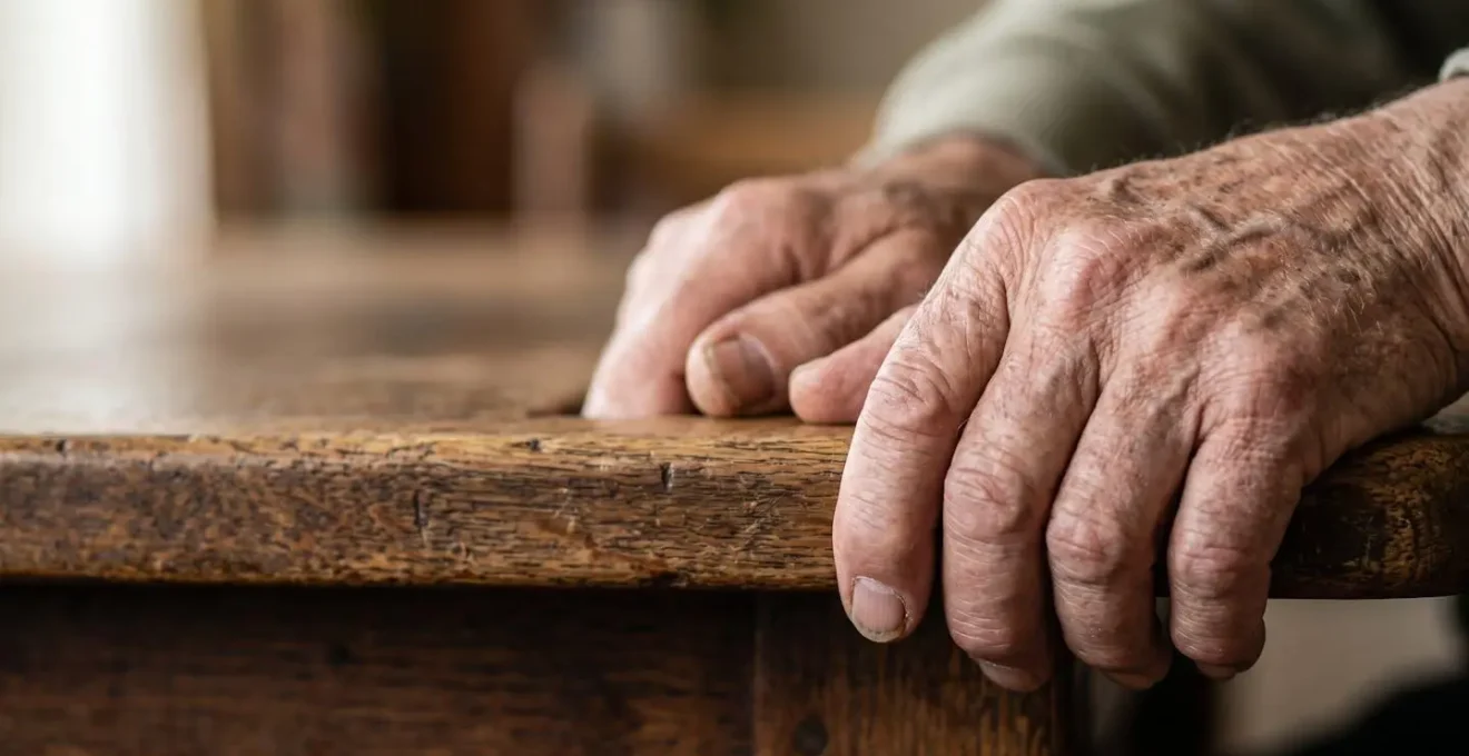 Vue rapprochée de mains d'une personne senior prenant appui sur un meuble stable