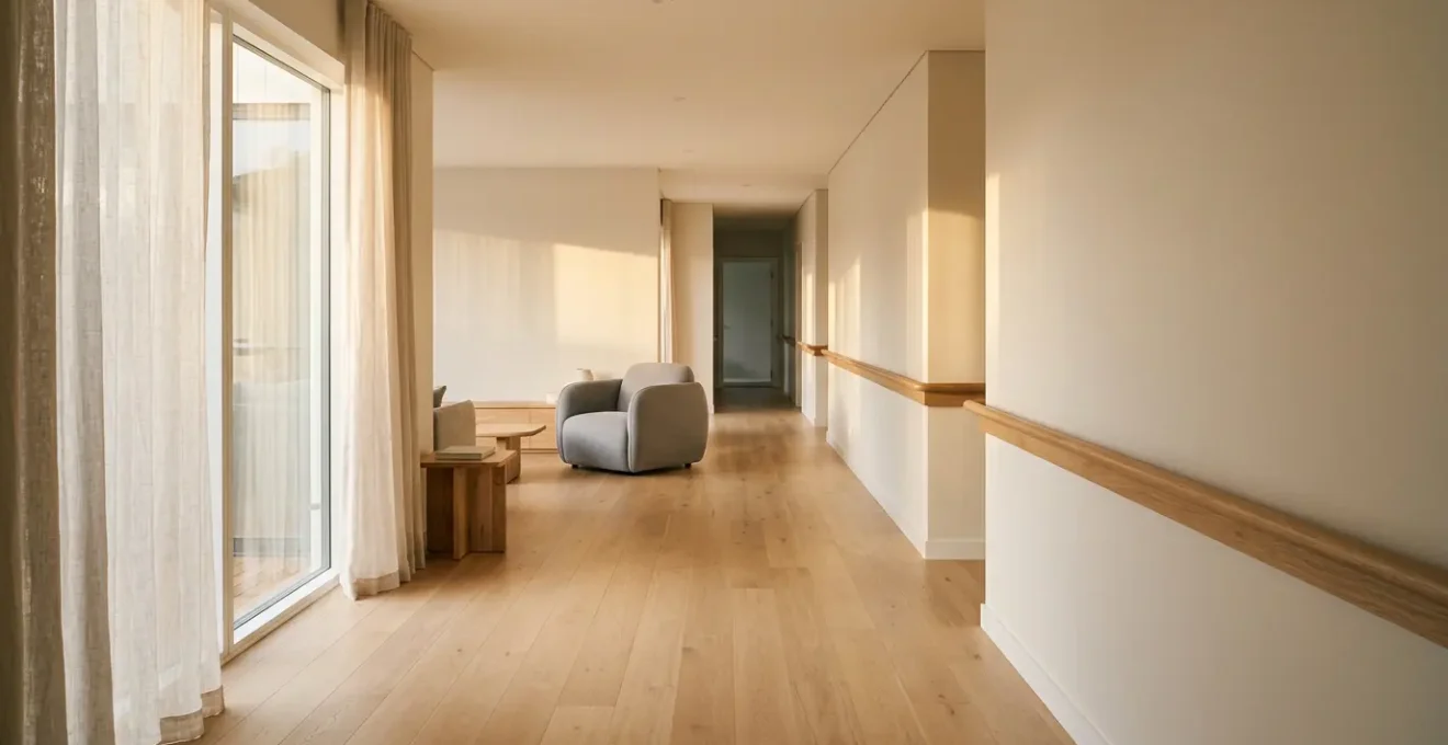 Intérieur de maison sécurisé pour senior avec éclairage adapté et espaces dégagés