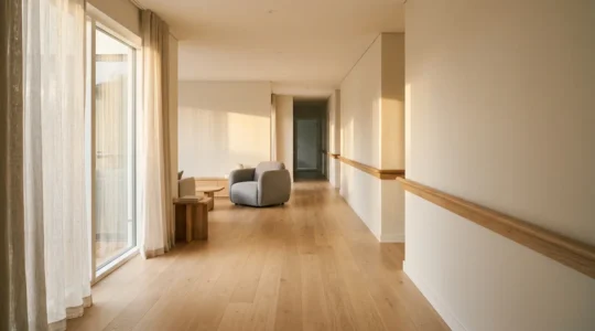 Intérieur de maison sécurisé pour senior avec éclairage adapté et espaces dégagés