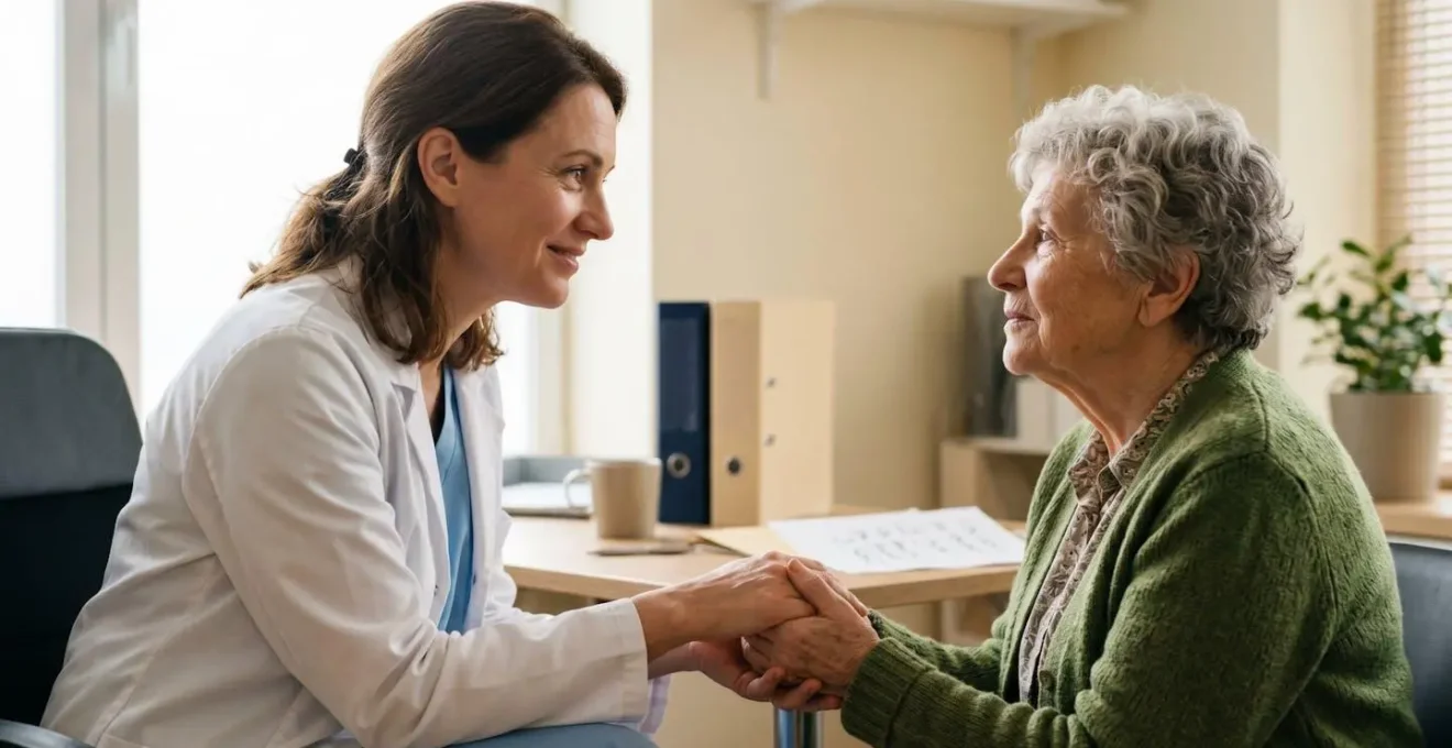 Interaction bienveillante entre médecin et patient senior lors d'une consultation médicale