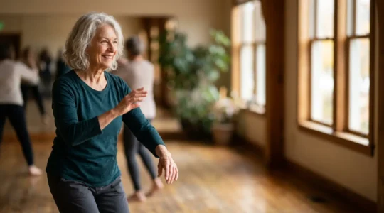 Senior actif et souriant pratiquant une activité adaptée malgré les limitations physiques, symbole de qualité de vie préservée