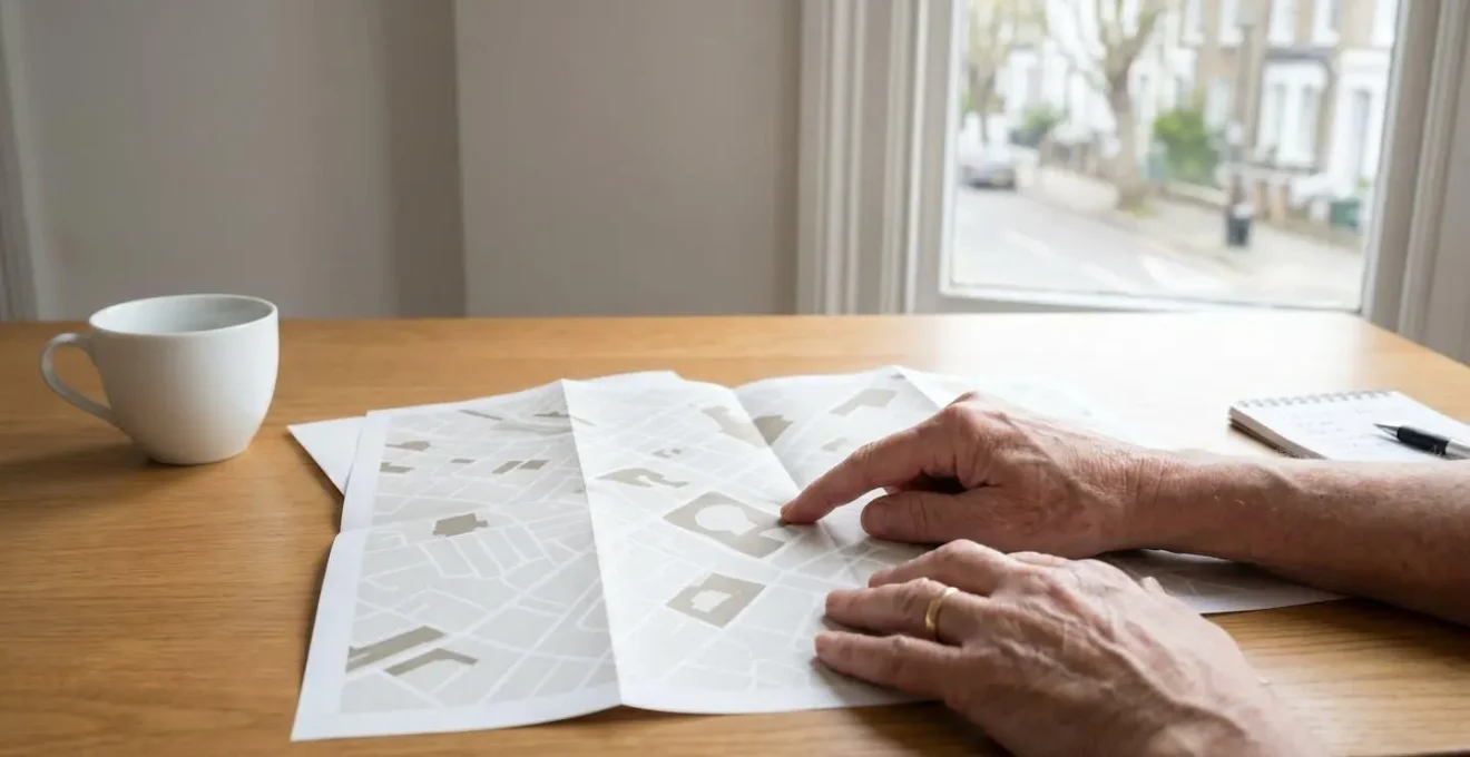 Mains de senior utilisant une carte papier locale pour localiser des associations de quartier