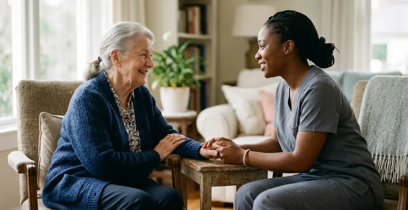 Conversation bienveillante entre une senior et une auxiliaire de vie dans un intérieur chaleureux