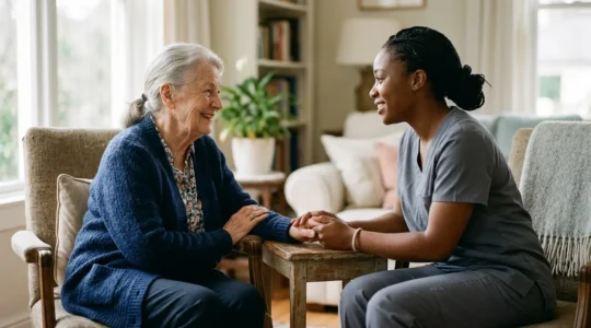 Conversation bienveillante entre une senior et une auxiliaire de vie dans un intérieur chaleureux