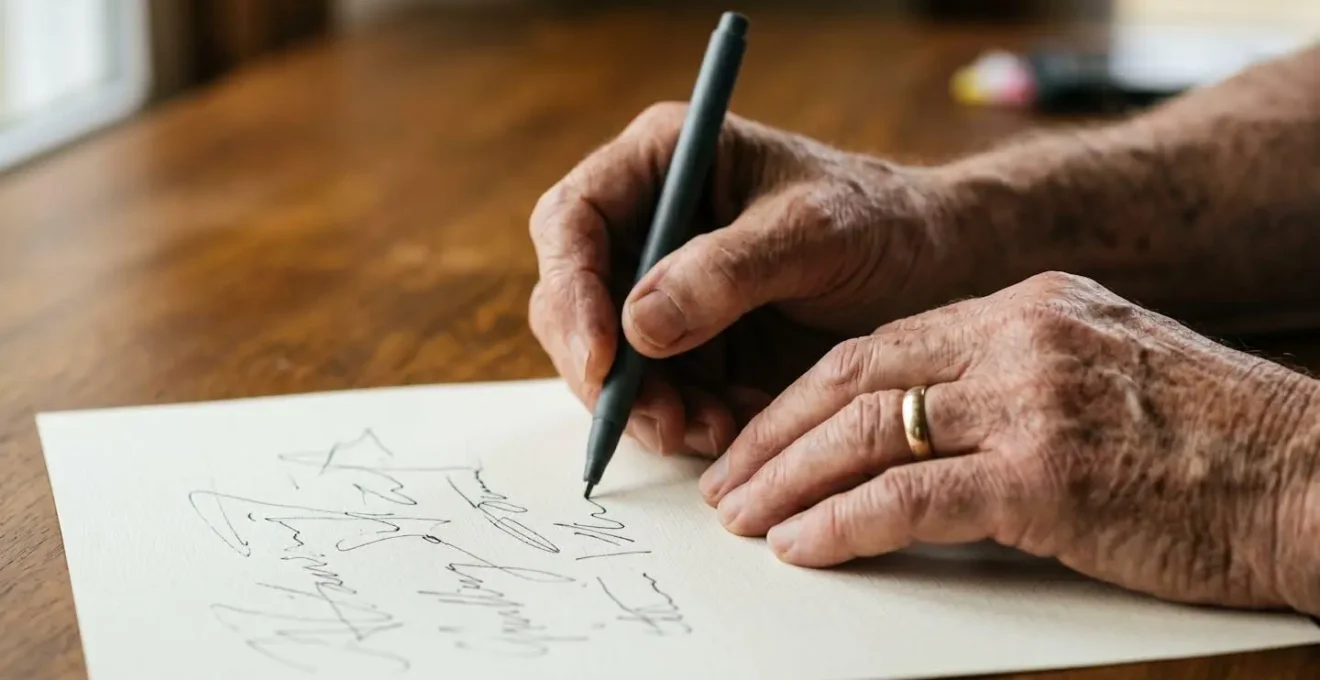 Gros plan sur les mains d'une personne senior rédigeant un courrier officiel