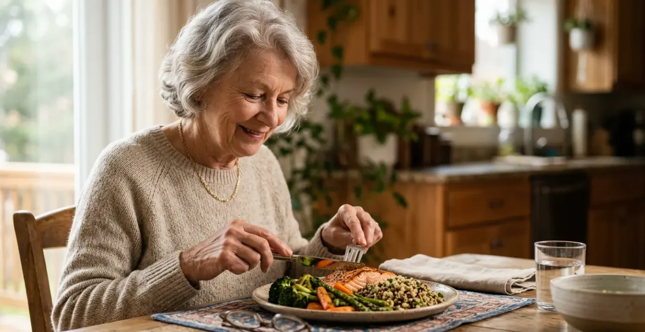 Personne senior en bonne santé savourant un repas équilibré et varié dans un cadre chaleureux