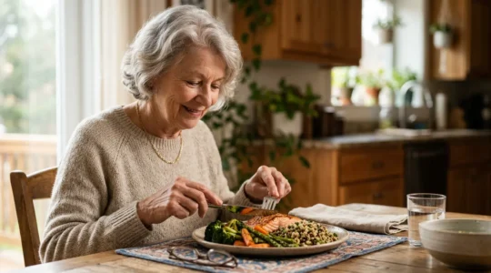 Personne senior en bonne santé savourant un repas équilibré et varié dans un cadre chaleureux