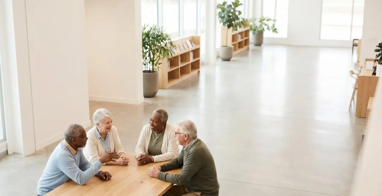 Groupe de seniors partageant un moment convivial dans un espace public, symbolisant le lien social intergénérationnel