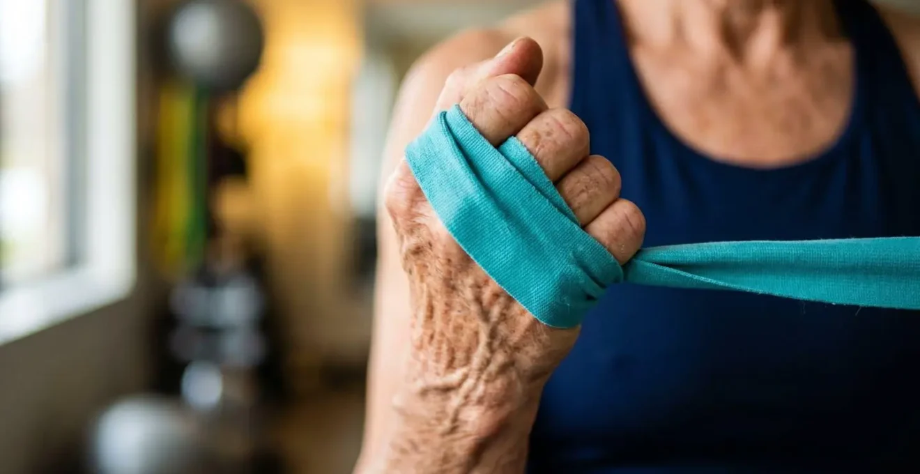 Détail macro des mains d'un senior manipulant une bande élastique de résistance pour renforcement musculaire