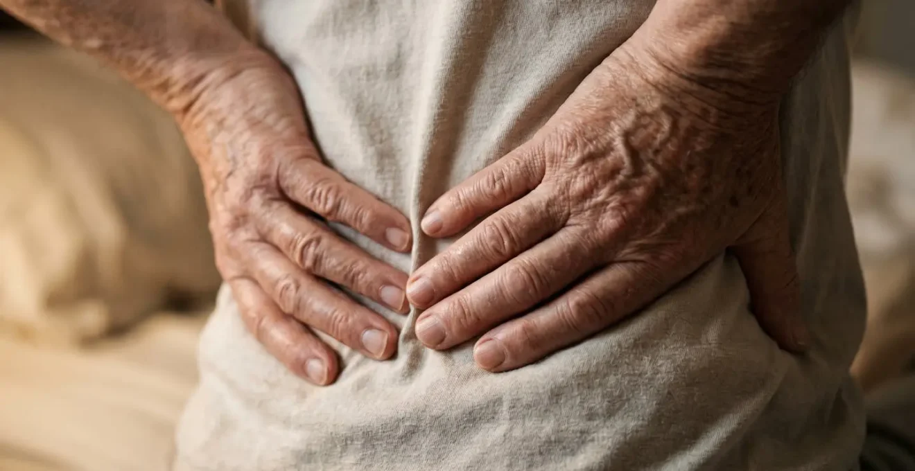 Gros plan sur les mains d'un senior effectuant un mouvement doux de rotation du tronc au réveil