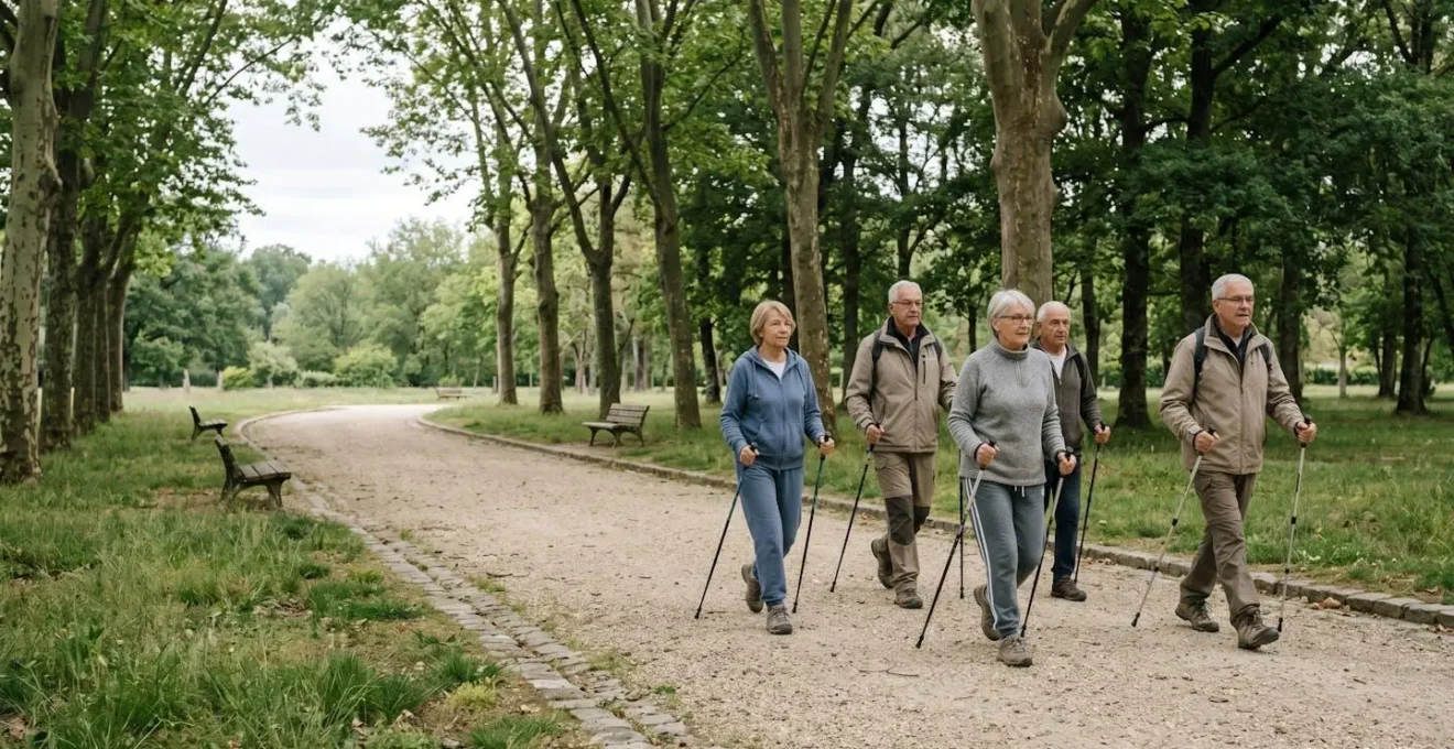 Vue large d'un groupe de seniors participant à une activité de marche nordique dans un parc français