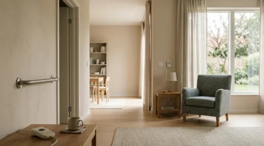 Équipements de sécurité et dispositifs de téléassistance pour seniors dans un intérieur domestique adapté et rassurant