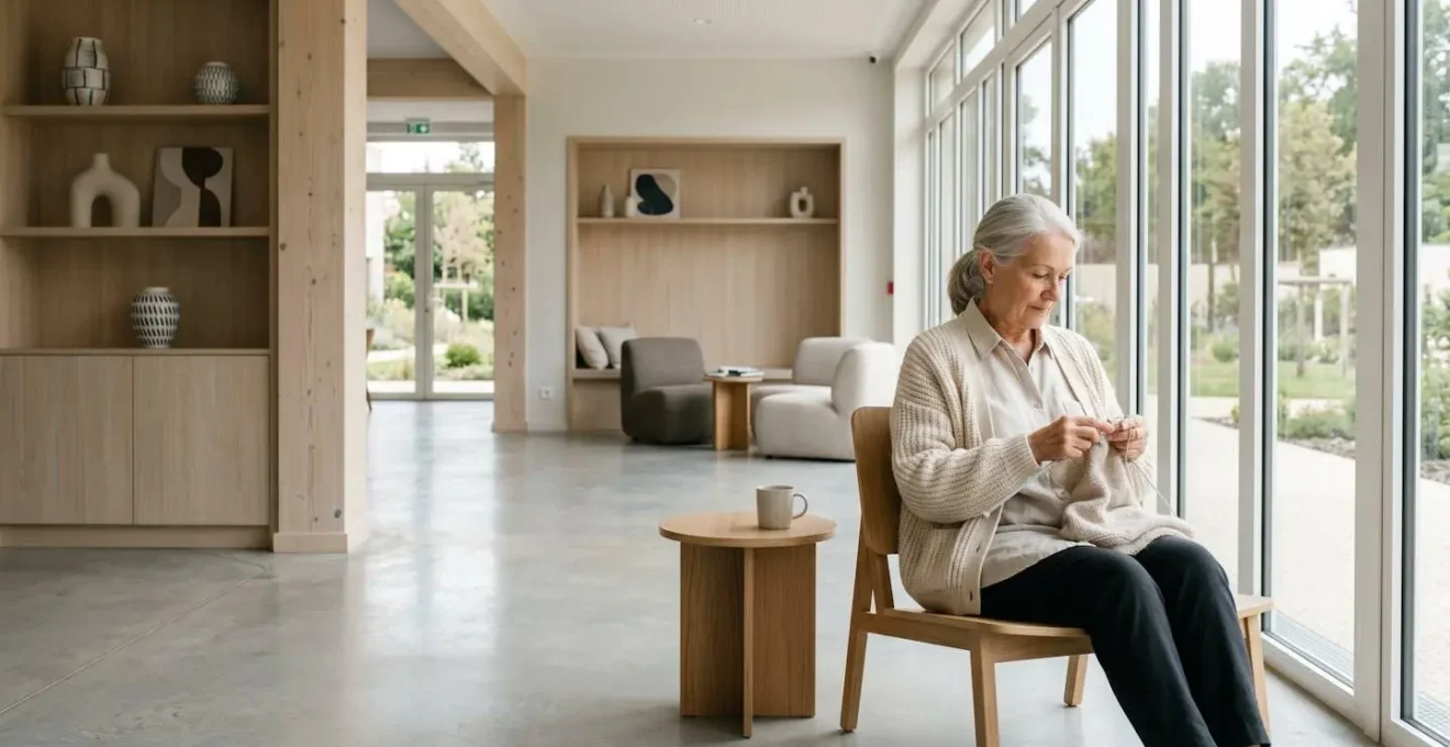 Senior pratiquant une activité de loisir dans un espace lumineux et accueillant, ambiance conviviale