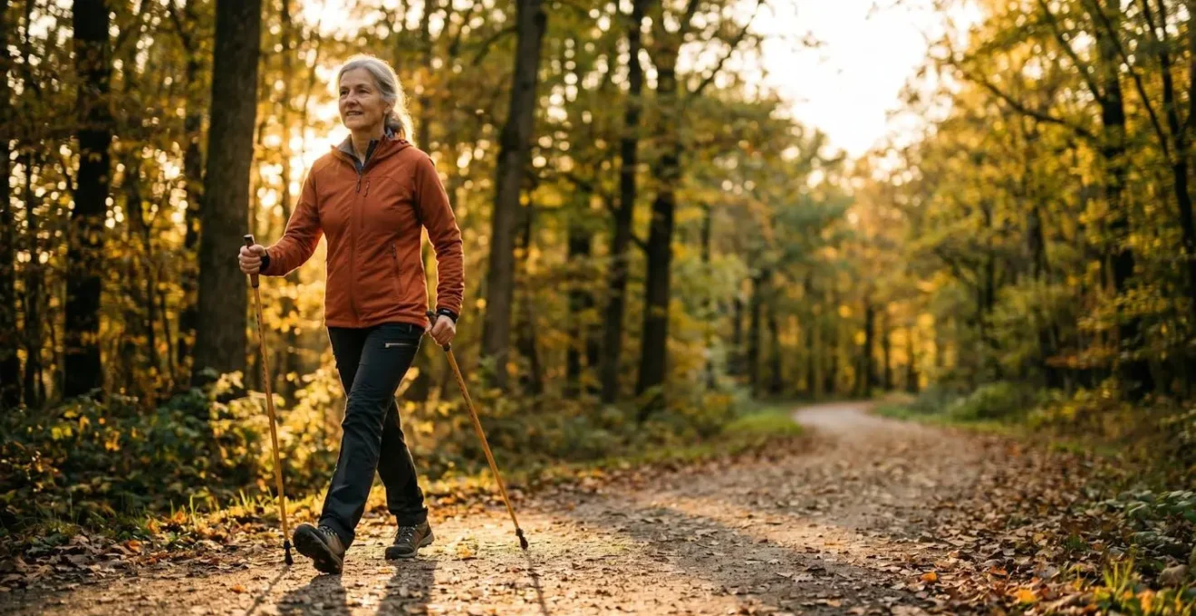Senior marchant avec bâtons de marche nordique dans un environnement naturel paisible
