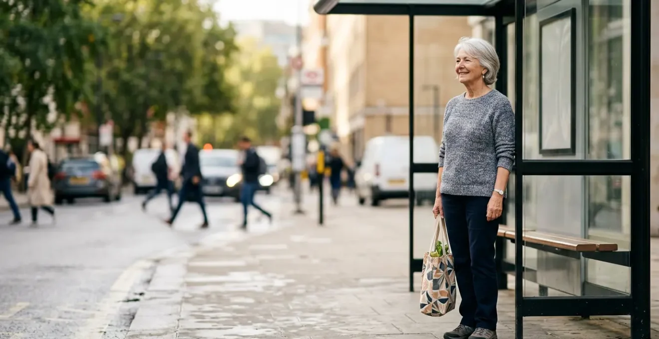 Un senior à un arrêt de bus moderne en milieu urbain, illustration de l'importance de la proximité des transports en commun