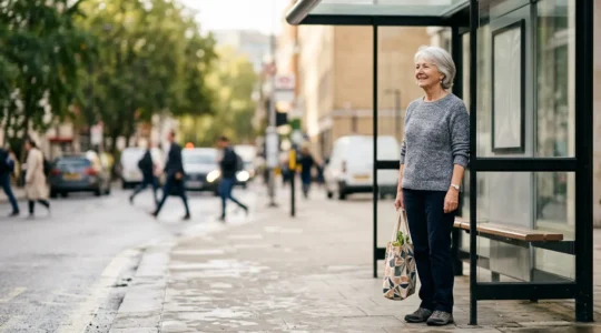 Un senior à un arrêt de bus moderne en milieu urbain, illustration de l'importance de la proximité des transports en commun