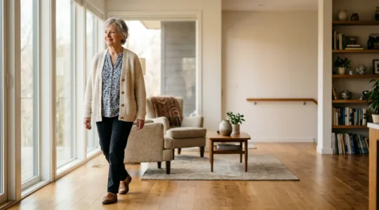Personne âgée autonome évoluant sereinement dans son intérieur domestique lumineux et sécurisé
