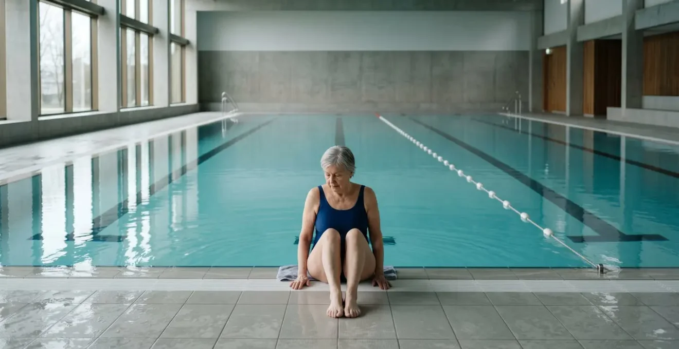 Vue environnementale d'un senior au bord d'une piscine se préparant à l'immersion dans une atmosphère sereine