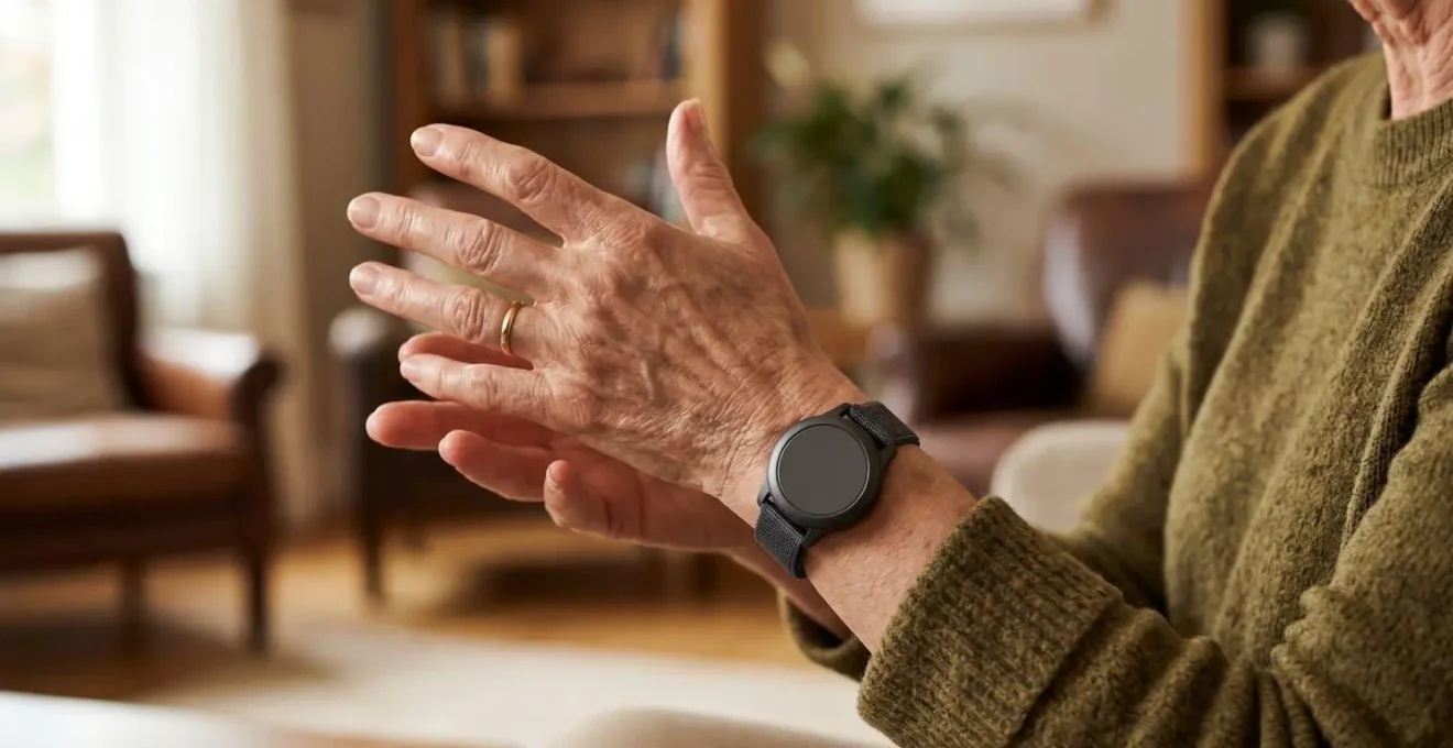 Mains d'un senior montrant avec assurance son bracelet alarme moderne à un proche