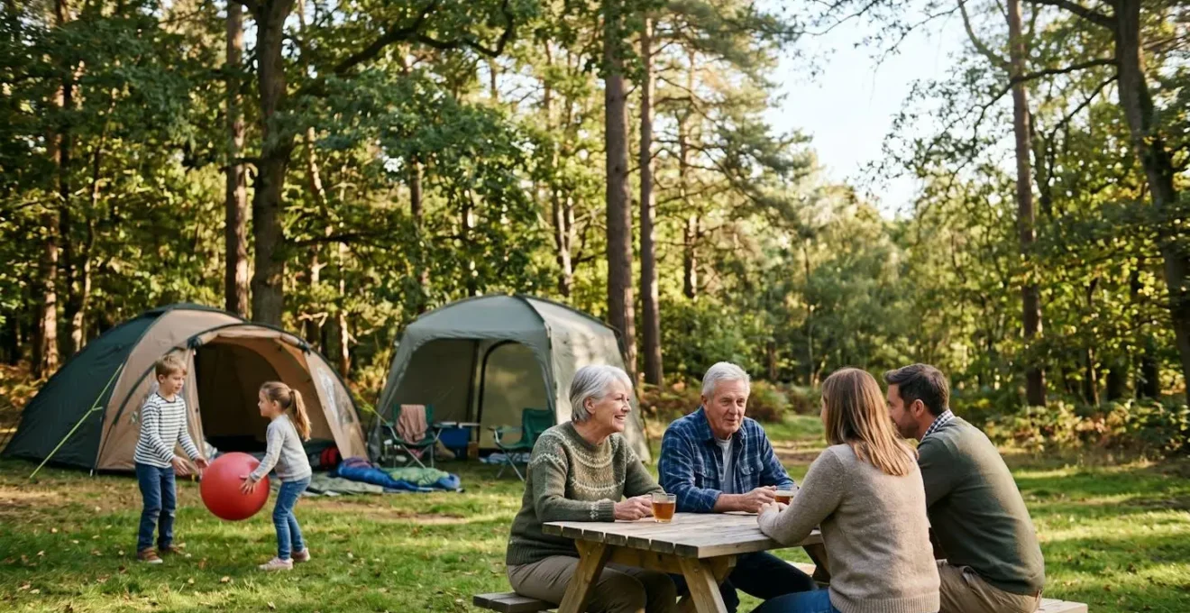 Famille intergénérationnelle réunie autour d'un campement en plein air