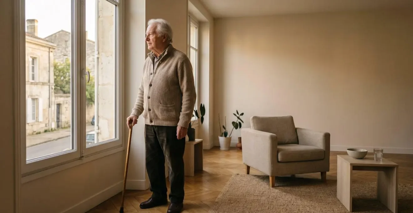 Senior français autonome GIR 4-5 dans son salon, moment de vie quotidienne paisible avec léger besoin d'assistance