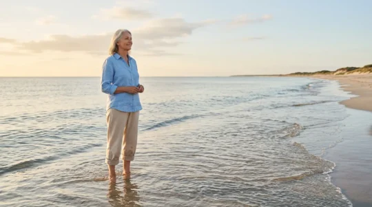 Senior marchant pieds dans l'eau au bord de la mer, atmosphère apaisante et bienfaits pour la santé