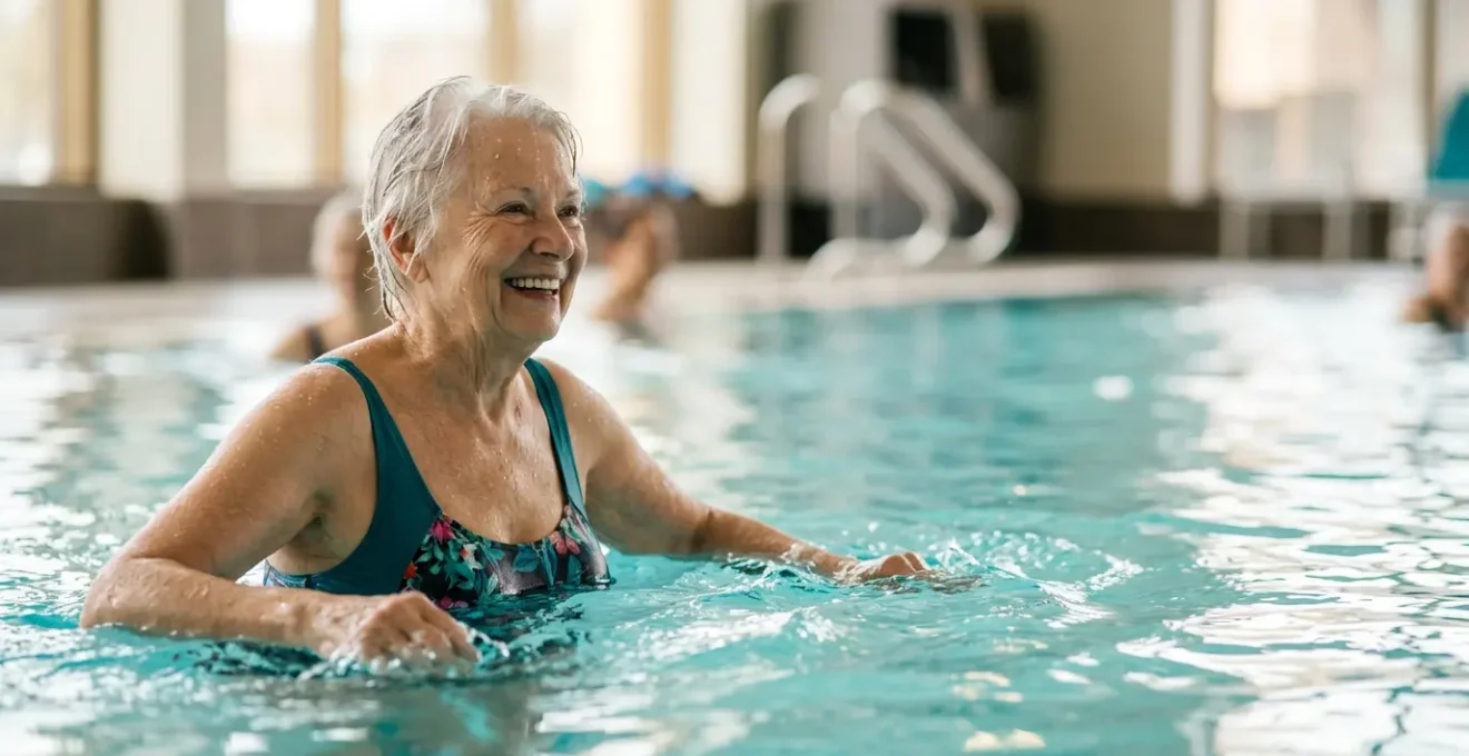 Senior pratiquant l'aquagym dans une piscine chauffée, ambiance sereine et dynamique