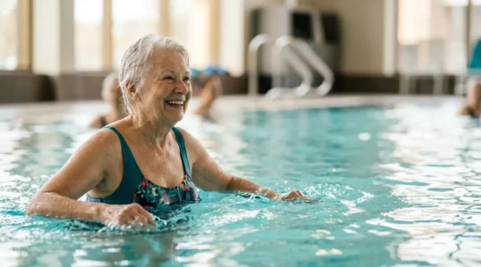 Senior pratiquant l'aquagym dans une piscine chauffée, ambiance sereine et dynamique