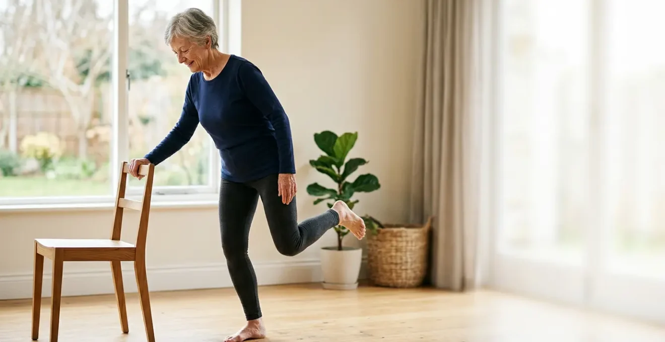 Senior actif pratiquant des exercices de mobilité dans un environnement lumineux et motivant