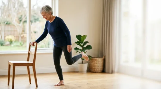 Senior actif pratiquant des exercices de mobilité dans un environnement lumineux et motivant