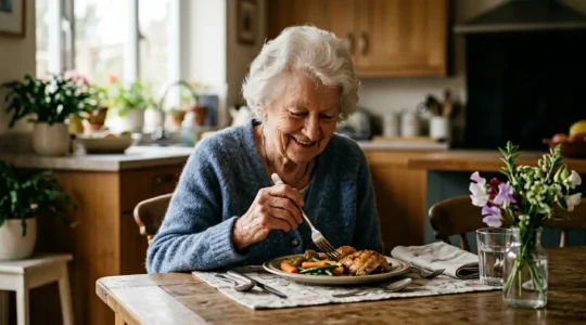 Personne âgée savourant un repas préparé avec soin à domicile dans une ambiance chaleureuse