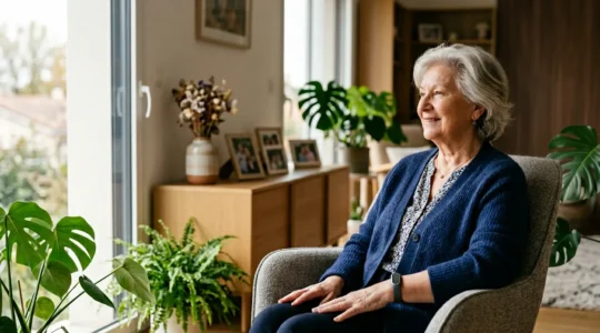 Senior français serein à son domicile avec dispositif de téléassistance discret, ambiance rassurante et moderne