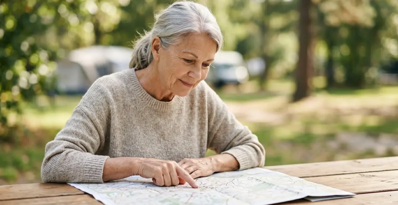Senior consultant une carte des services médicaux près d'un camping